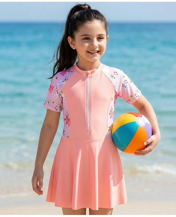 Pine Kids Half Raglan Sleeves Frock Swimsuit With Animal Print - Peach