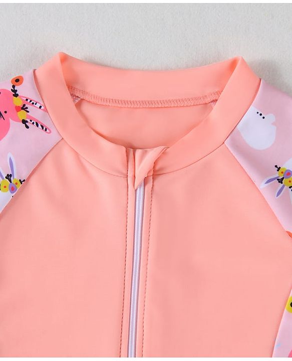 Pine Kids Half Raglan Sleeves Frock Swimsuit With Animal Print - Peach