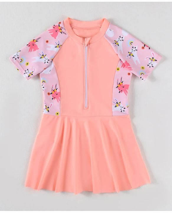 Pine Kids Half Raglan Sleeves Frock Swimsuit With Animal Print - Peach