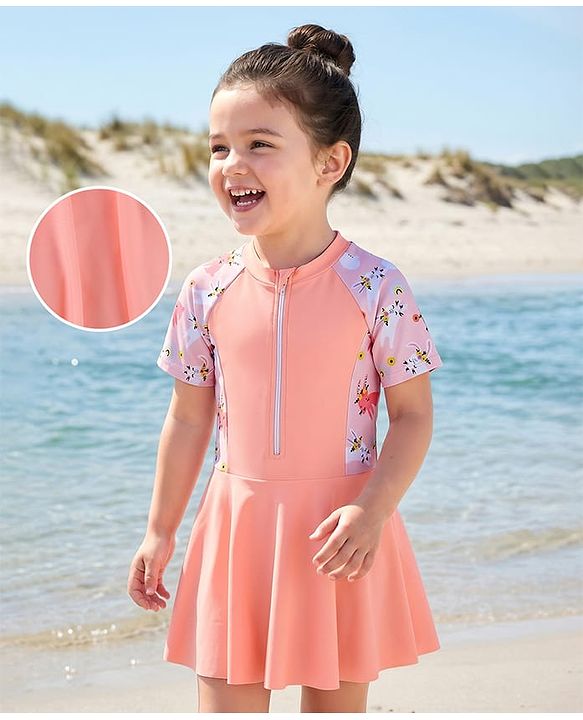 Pine Kids Half Raglan Sleeves Frock Swimsuit With Animal Print - Peach