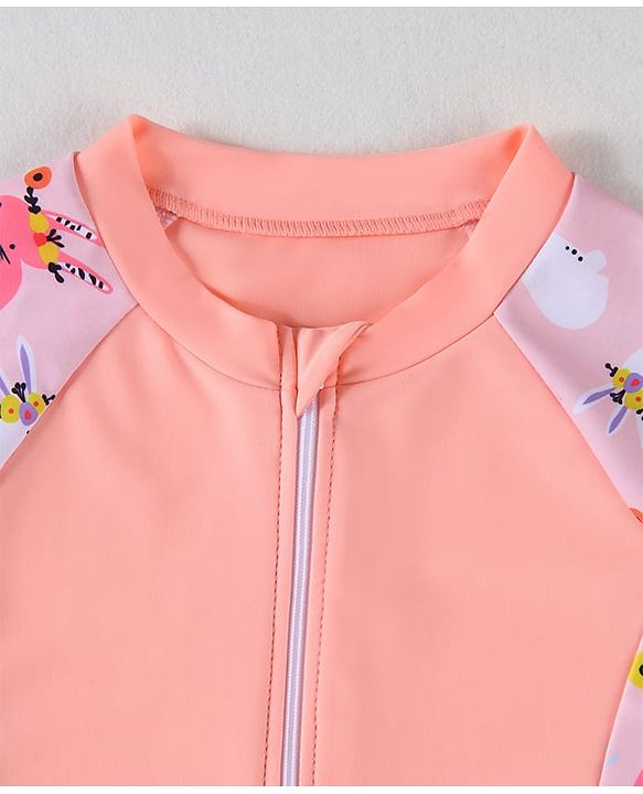 Pine Kids Half Raglan Sleeves Frock Swimsuit With Animal Print - Peach