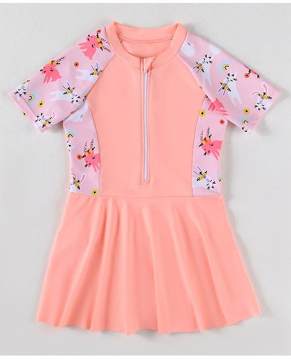 Pine Kids Half Raglan Sleeves Frock Swimsuit With Animal Print - Peach