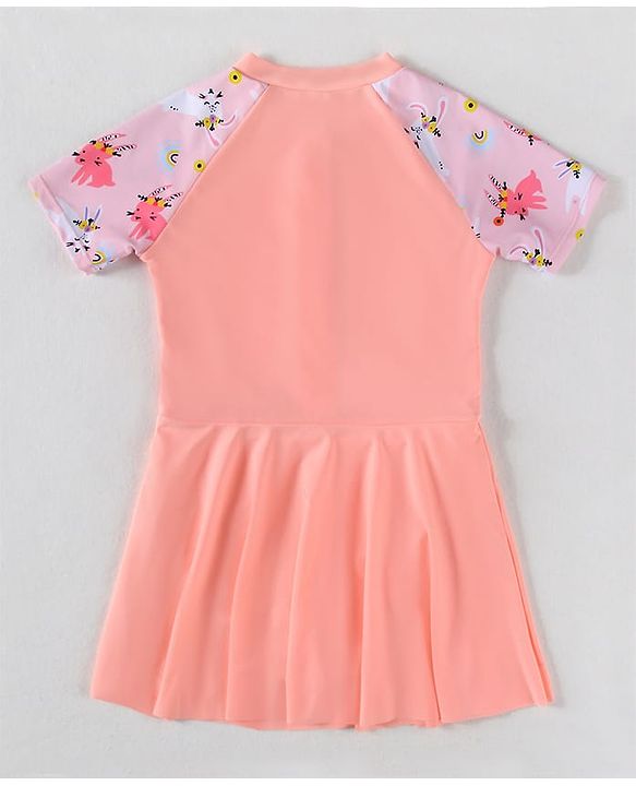 Pine Kids Half Raglan Sleeves Frock Swimsuit With Animal Print - Peach