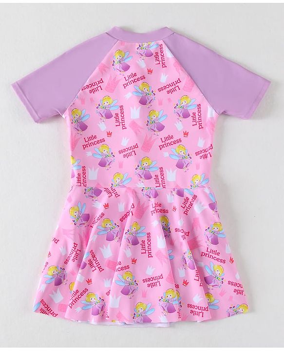 Pine Kids Half Raglan Sleeves Frock Swimsuit with Little Princess Print - Pink