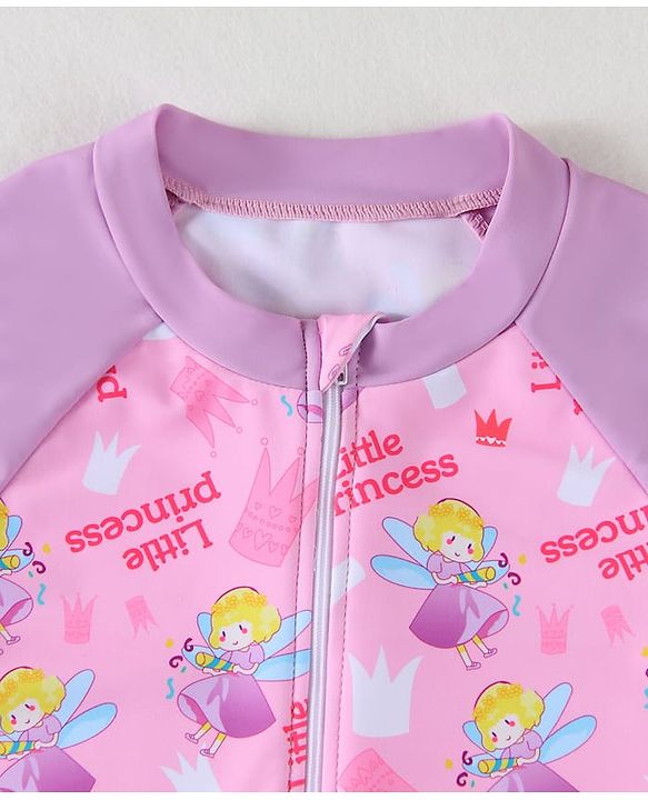 Pine Kids Half Raglan Sleeves Frock Swimsuit with Little Princess Print - Pink