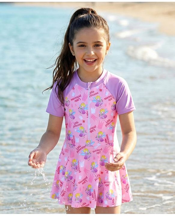 Pine Kids Half Raglan Sleeves Frock Swimsuit with Little Princess Print - Pink