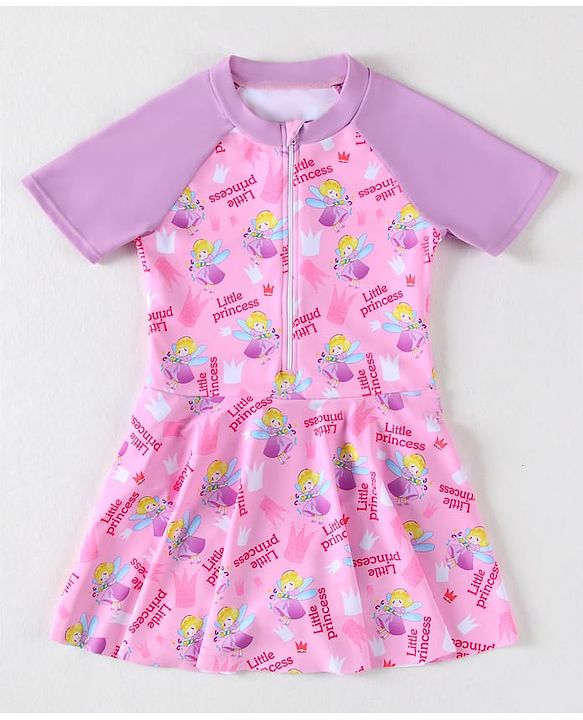 Pine Kids Half Raglan Sleeves Frock Swimsuit with Little Princess Print - Pink