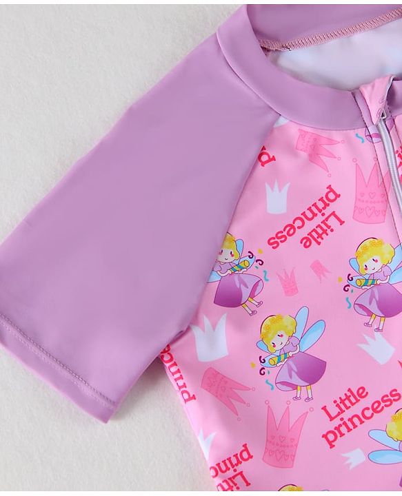 Pine Kids Half Raglan Sleeves Frock Swimsuit with Little Princess Print - Pink