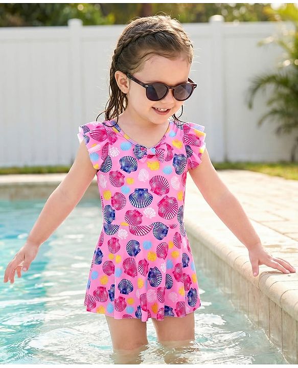 Babyhug Frill Sleeves Frock Swimsuit With Sea Shells Print & Bow Applique - Pink