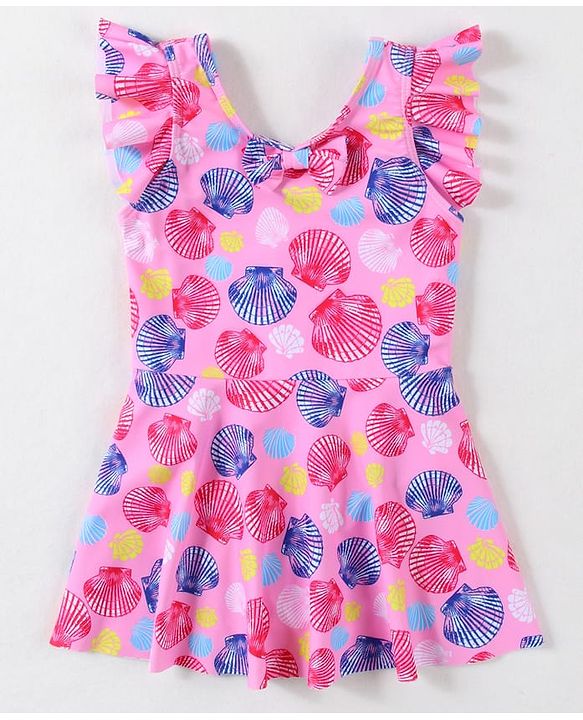 Babyhug Frill Sleeves Frock Swimsuit With Sea Shells Print & Bow Applique - Pink
