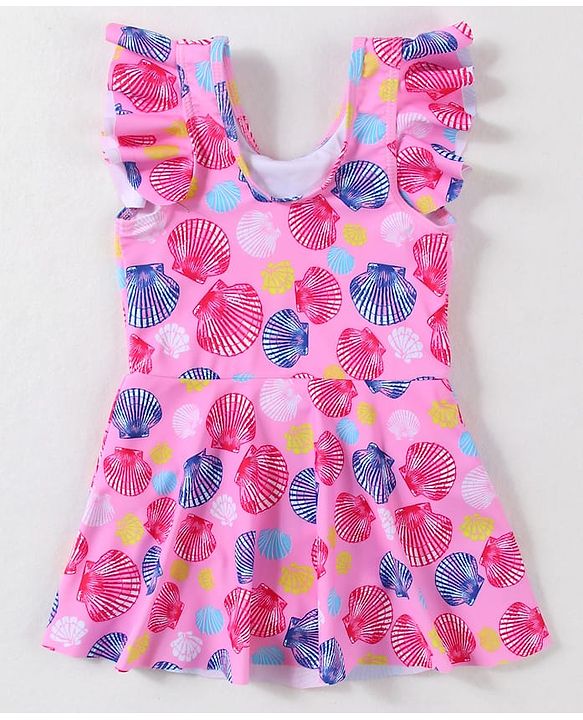 Babyhug Frill Sleeves Frock Swimsuit With Sea Shells Print & Bow Applique - Pink
