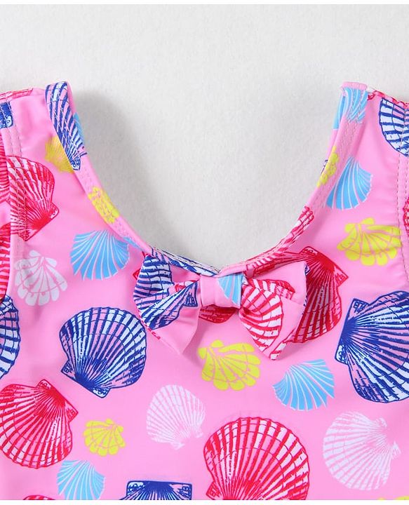 Babyhug Frill Sleeves Frock Swimsuit With Sea Shells Print & Bow Applique - Pink