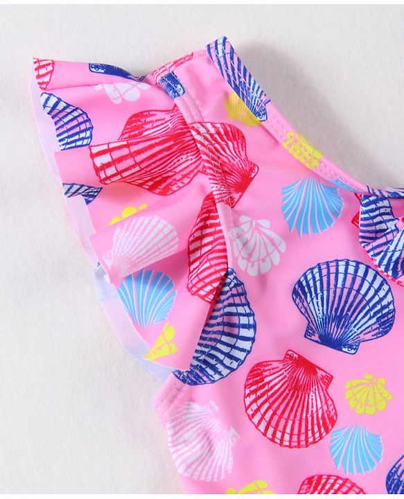 Babyhug Frill Sleeves Frock Swimsuit With Sea Shells Print & Bow Applique - Pink