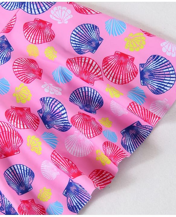 Babyhug Frill Sleeves Frock Swimsuit With Sea Shells Print & Bow Applique - Pink