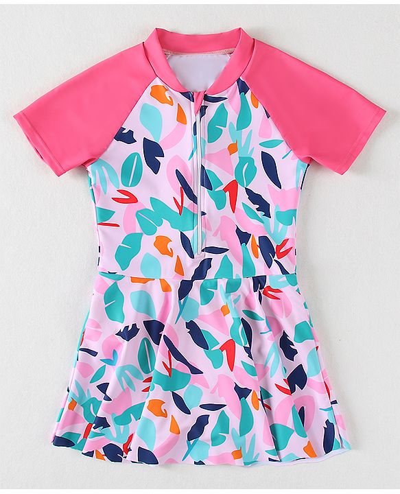 Babyhug Half Raglan Sleeves Frock Swimsuit With Leaf Print - Fuchsia