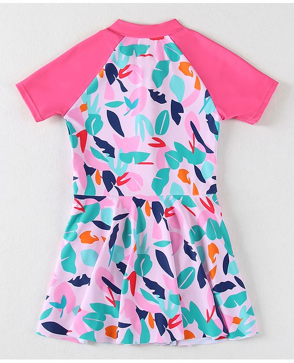 Babyhug Half Raglan Sleeves Frock Swimsuit With Leaf Print - Fuchsia