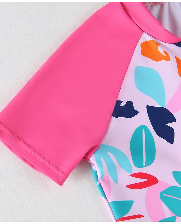 Babyhug Half Raglan Sleeves Frock Swimsuit With Leaf Print - Fuchsia