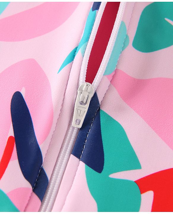 Babyhug Half Raglan Sleeves Frock Swimsuit With Leaf Print - Fuchsia