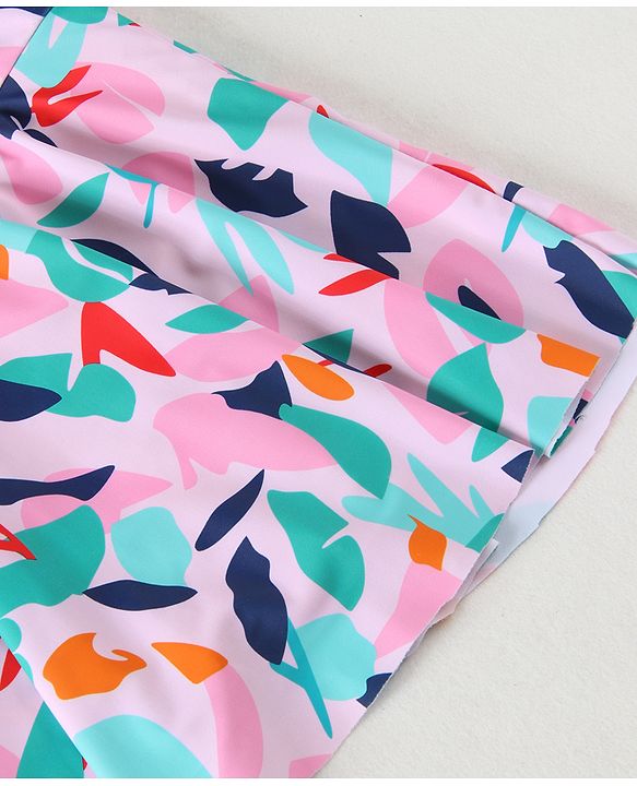 Babyhug Half Raglan Sleeves Frock Swimsuit With Leaf Print - Fuchsia