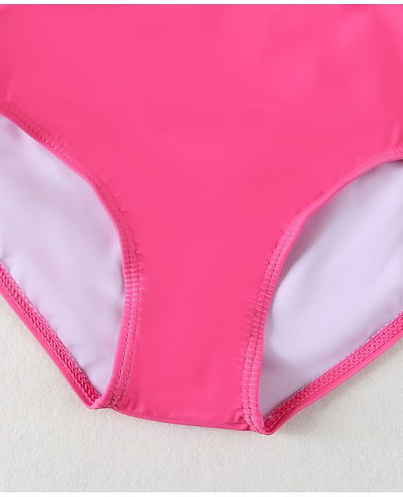 Babyhug Half Raglan Sleeves Frock Swimsuit With Leaf Print - Fuchsia