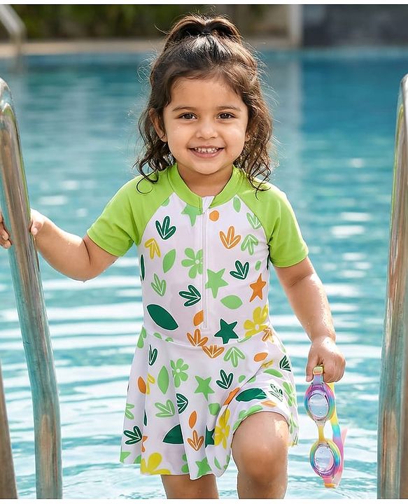 Babyhug Half Raglan Sleeves Frock Swimsuit With Floral & Leaf Print - Green & White