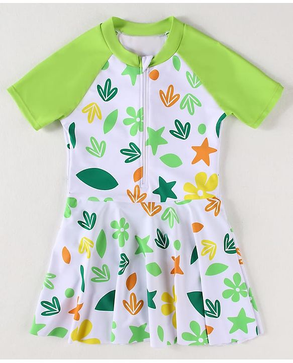 Babyhug Half Raglan Sleeves Frock Swimsuit With Floral & Leaf Print - Green & White
