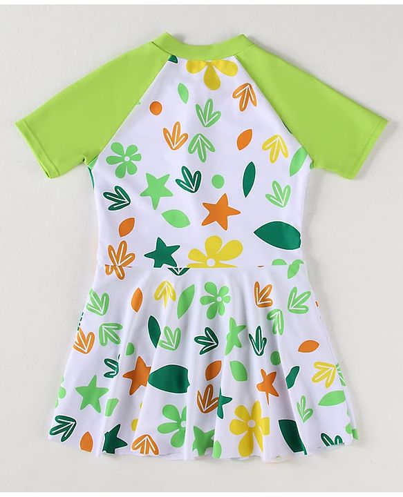Babyhug Half Raglan Sleeves Frock Swimsuit With Floral & Leaf Print - Green & White
