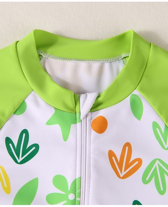 Babyhug Half Raglan Sleeves Frock Swimsuit With Floral & Leaf Print - Green & White