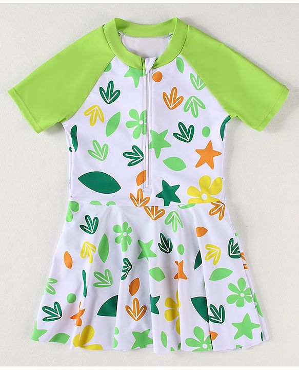 Babyhug Half Raglan Sleeves Frock Swimsuit With Floral & Leaf Print - Green & White