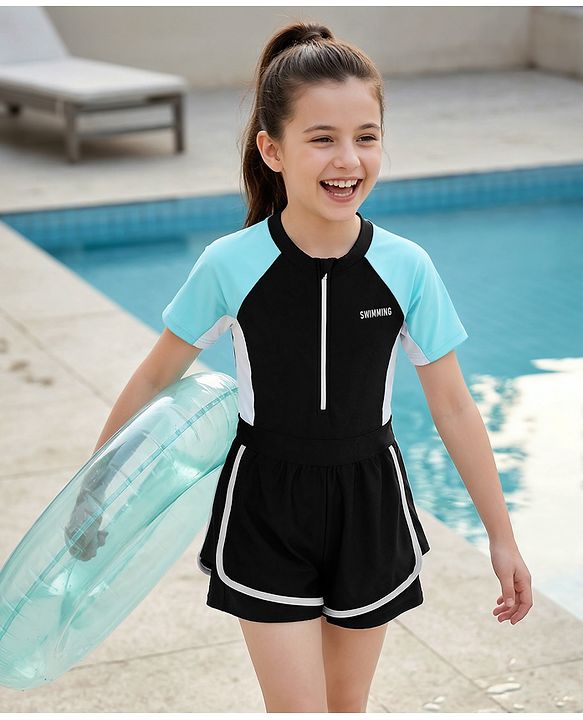 Pine Kids Half Raglan Sleeves Legged Swimsuit With Color Block Design - Black