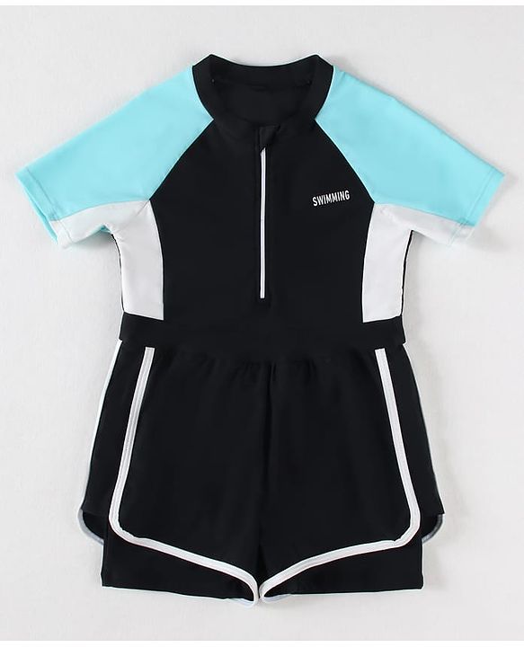 Pine Kids Half Raglan Sleeves Legged Swimsuit With Color Block Design - Black
