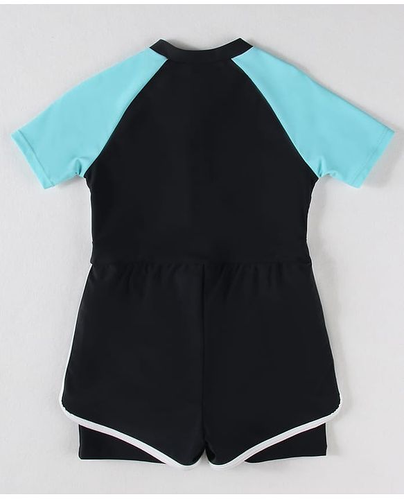 Pine Kids Half Raglan Sleeves Legged Swimsuit With Color Block Design - Black