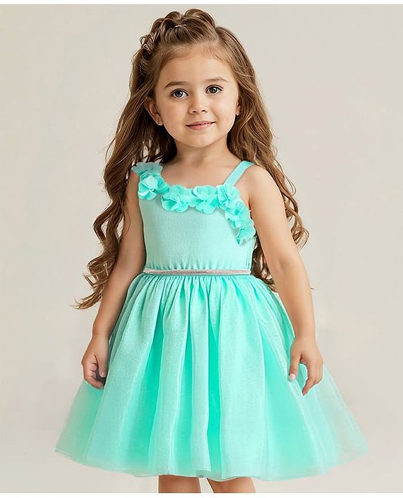 Babyhug Sleeveless Woven One Shoulder Dress With Floral Applique -  Mint