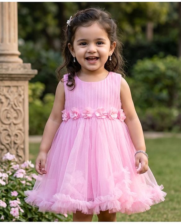 Babyhug Woven Sleeveless Fit & Flare Party Mesh Dress with Fills on Hem & Floral Applique - Pink