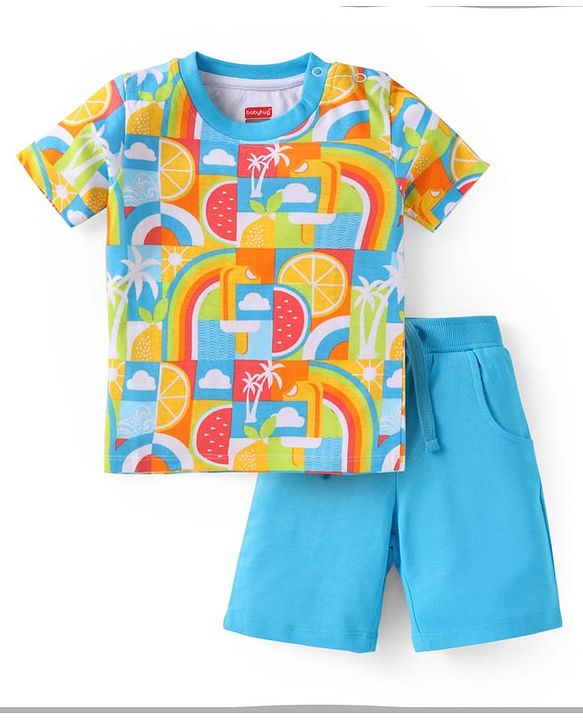 Babyhug Single Jersey Knit Half Sleeves T-Shirt & Shorts Set with Tropical Theme Print - Light Blue