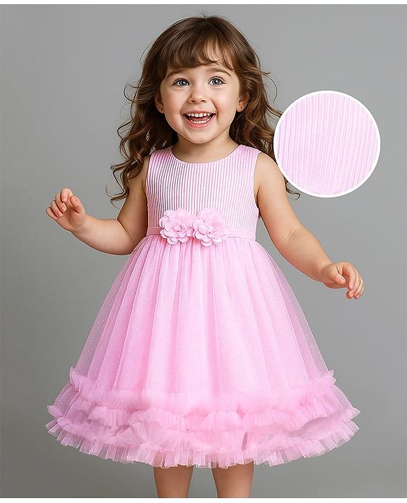 Babyhug Woven Sleeveless Party Dress With Frills On Hem & Floral Applique - Pink