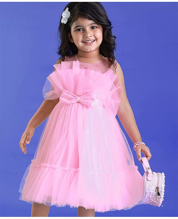 Babyhug Woven Sleeveless Party Mesh Dress With Frills & Bow Applique - Pink