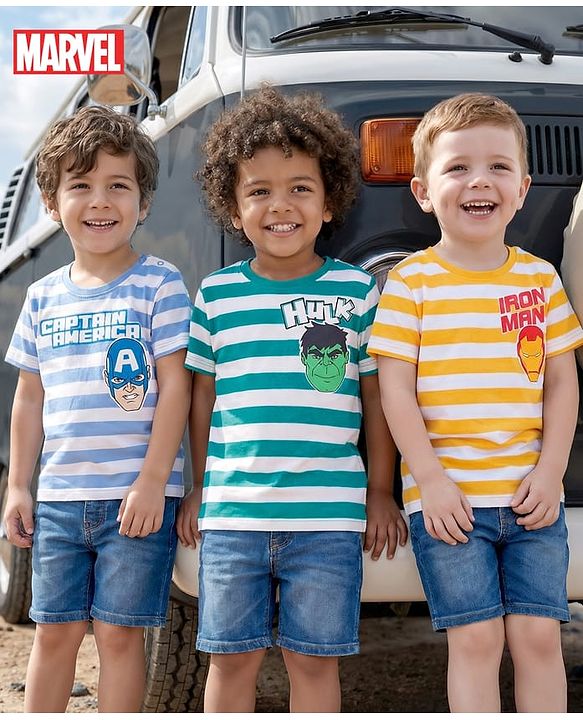 Babyhug Marvel Single Jersey Knit Half Sleeves T-Shirts with Stripes & Avengers Graphics Pack of 3 - Yellow Blue & Green