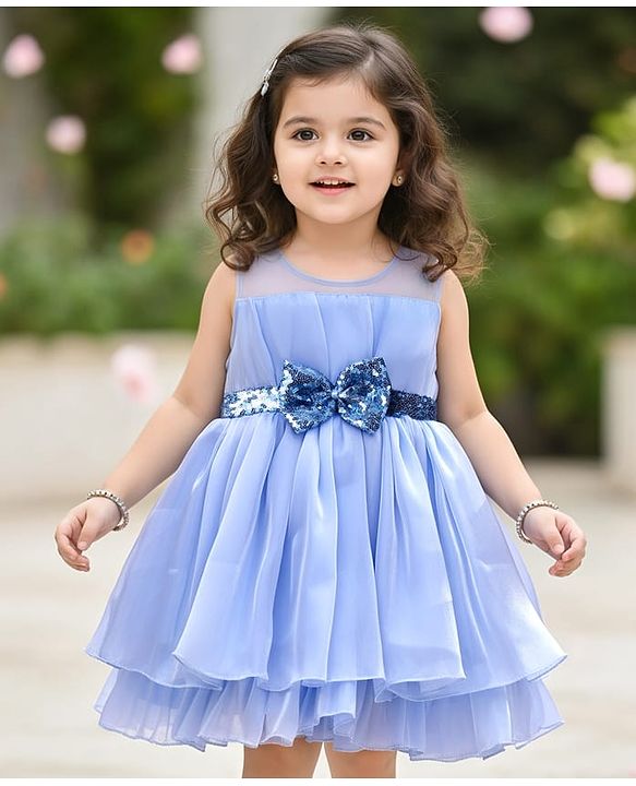 Babyhug Woven Sleeveless Fit & Flare Party Dress with Bow Applique & Sequins Detailing - Light Blue