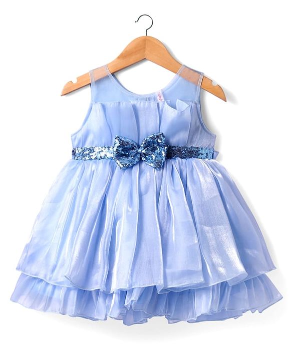 Babyhug Woven Sleeveless Fit & Flare Party Dress with Bow Applique & Sequins Detailing - Light Blue
