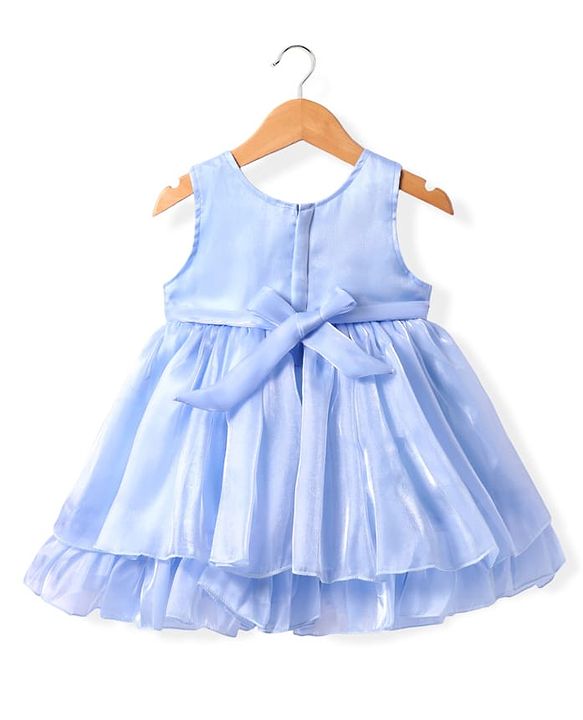 Babyhug Woven Sleeveless Fit & Flare Party Dress with Bow Applique & Sequins Detailing - Light Blue