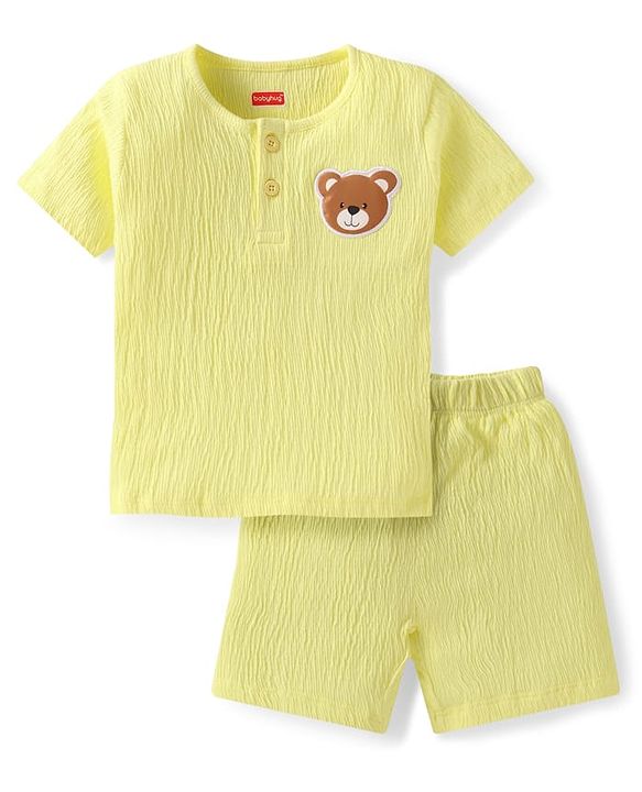 Babyhug Single Jersey Knit Half Sleeves T-Shirt & Shorts Set With Teddy Bear Patch - Yellow