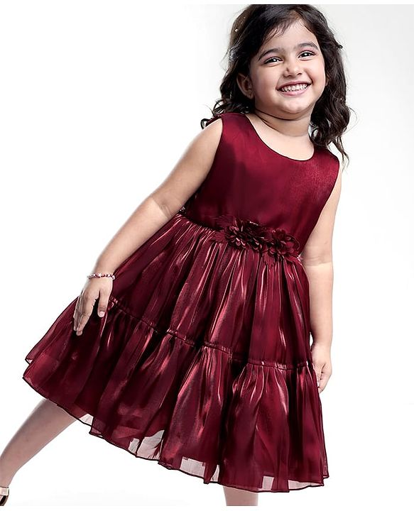 Babyhug Woven Sleeveless Party Dress With Floral Applique - Maroon
