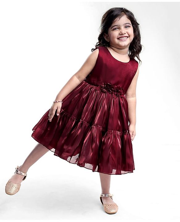 Babyhug Woven Sleeveless Party Dress With Floral Applique - Maroon