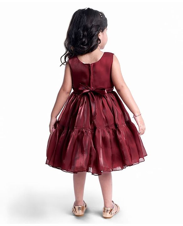 Babyhug Woven Sleeveless Party Dress With Floral Applique - Maroon