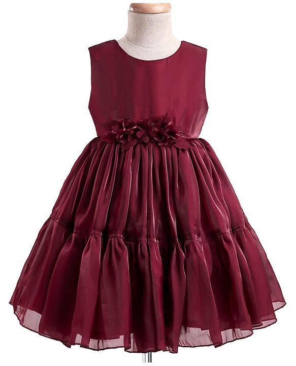 Babyhug Woven Sleeveless Party Dress With Floral Applique - Maroon