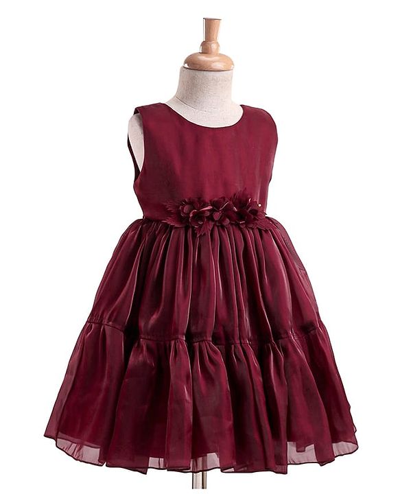 Babyhug Woven Sleeveless Party Dress With Floral Applique - Maroon