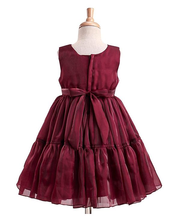 Babyhug Woven Sleeveless Party Dress With Floral Applique - Maroon