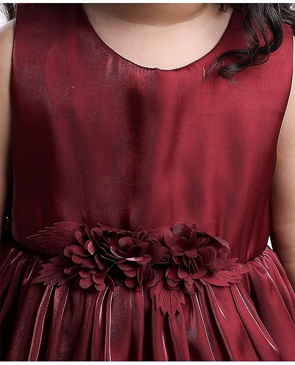 Babyhug Woven Sleeveless Party Dress With Floral Applique - Maroon