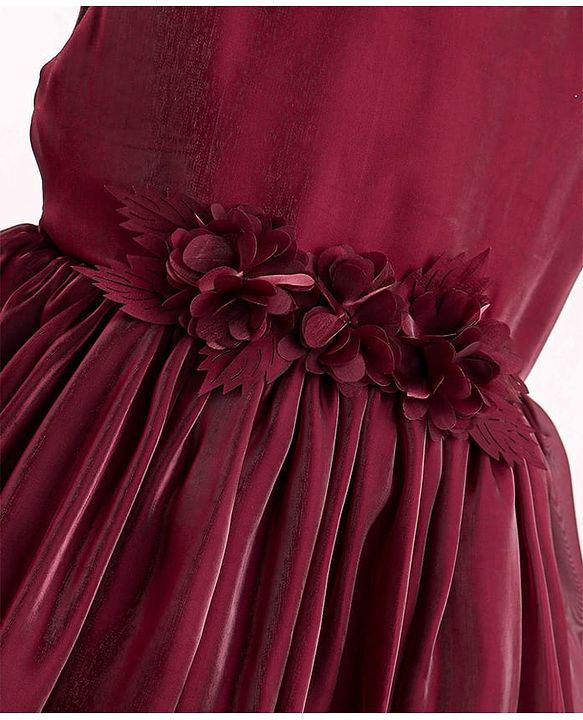 Babyhug Woven Sleeveless Party Dress With Floral Applique - Maroon